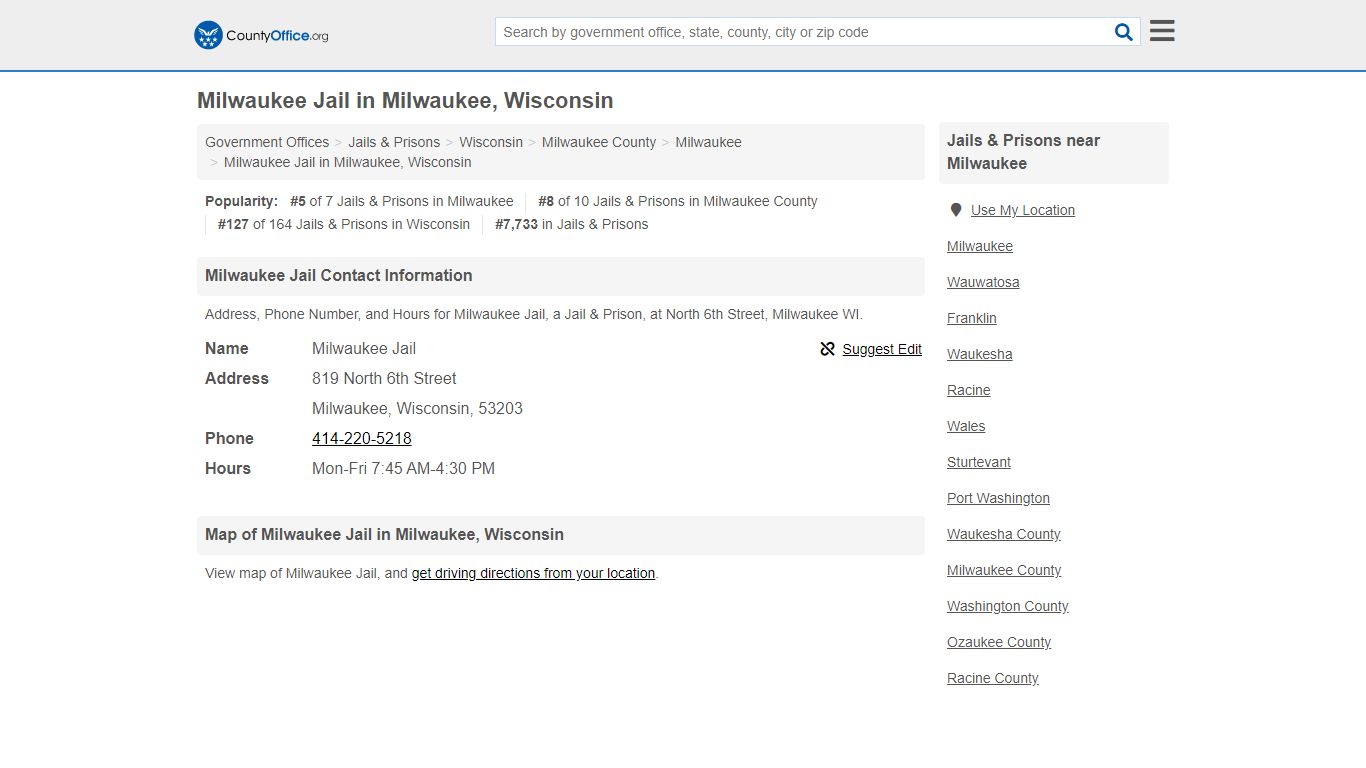 Milwaukee Jail - Milwaukee, WI (Address, Phone, and Hours) - County Office